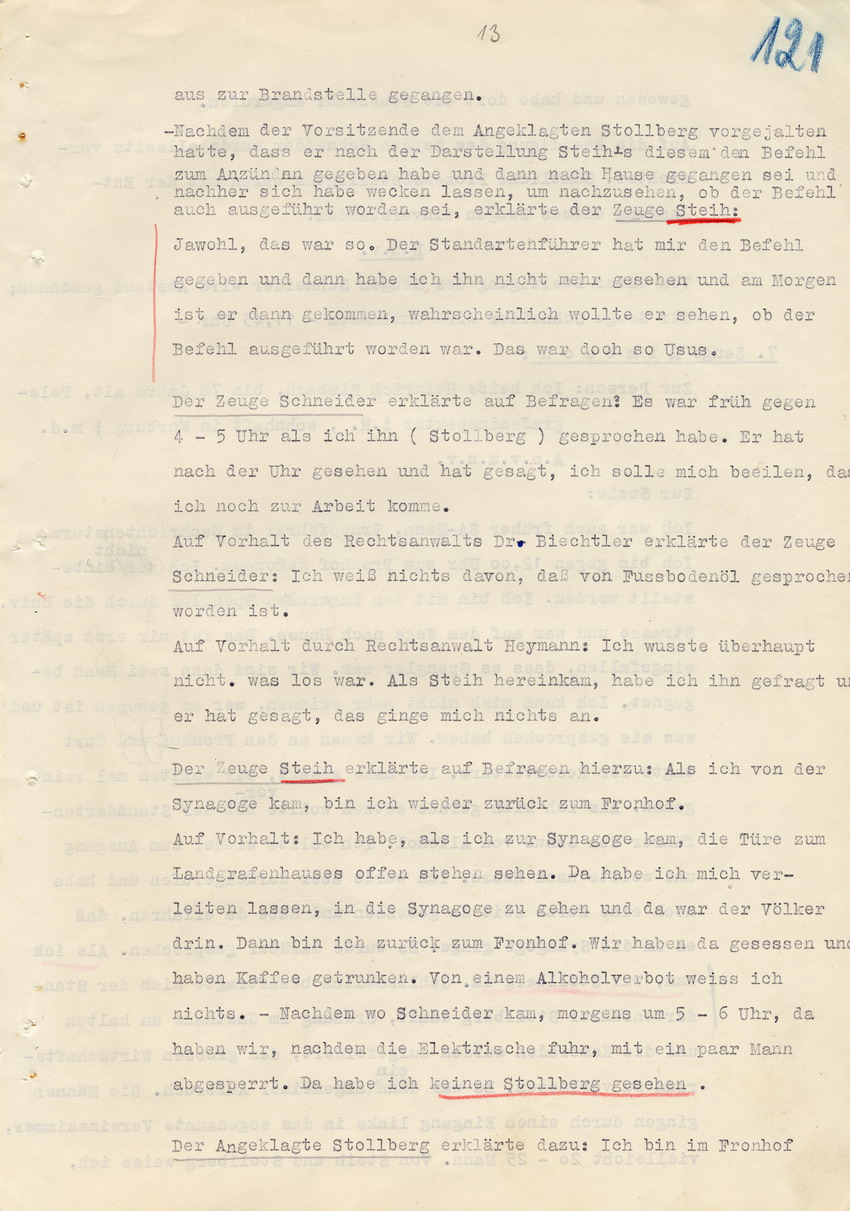 Verfahren gegen Stollberg und Peilstöcker betr. Synagogenbrandstiftung Marburg.
Öffentliche Sitzung der Strafkammer III des LG Marburg, 1. Verhandlungstag vom 8. August 1950 
Teil 6:  Zeugenaussagen