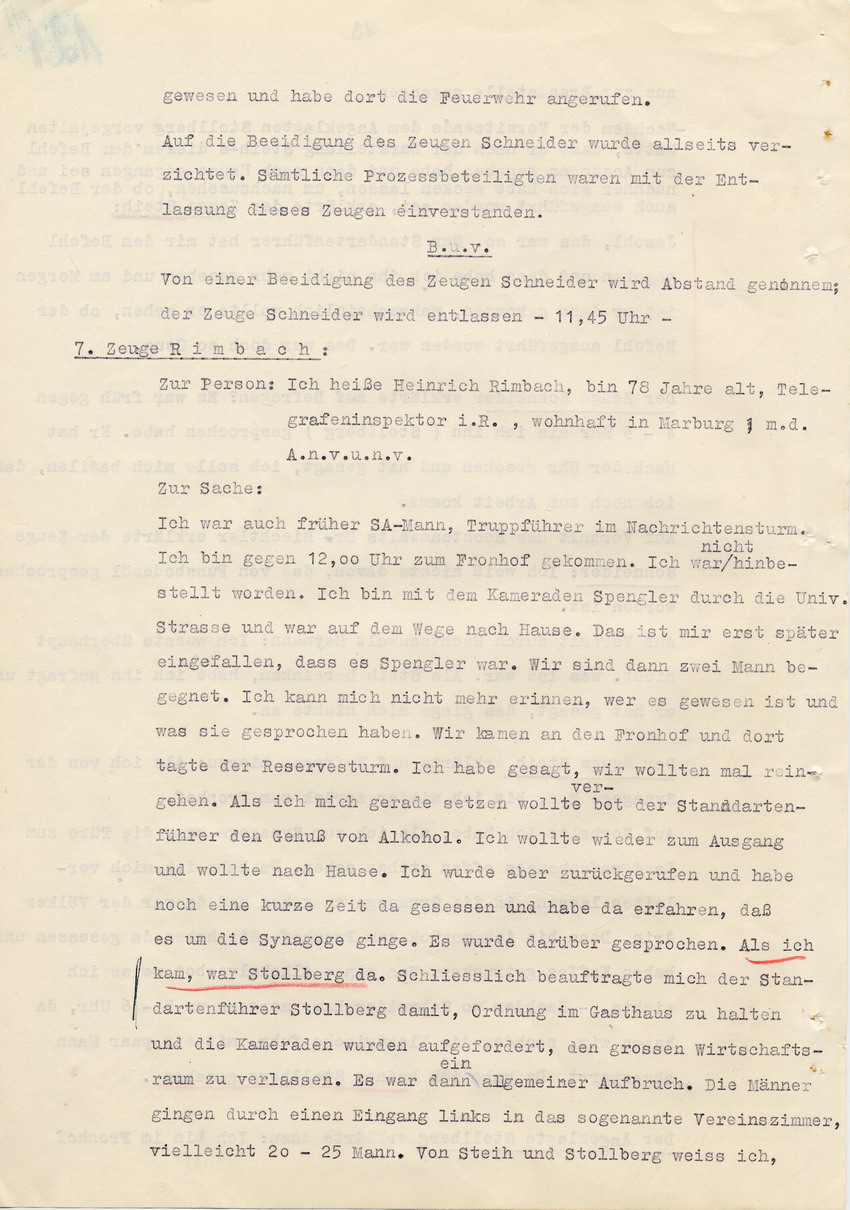 Verfahren gegen Stollberg und Peilstöcker betr. Synagogenbrandstiftung Marburg.
Öffentliche Sitzung der Strafkammer III des LG Marburg, 1. Verhandlungstag vom 8. August 1950 
Teil 6:  Zeugenaussagen