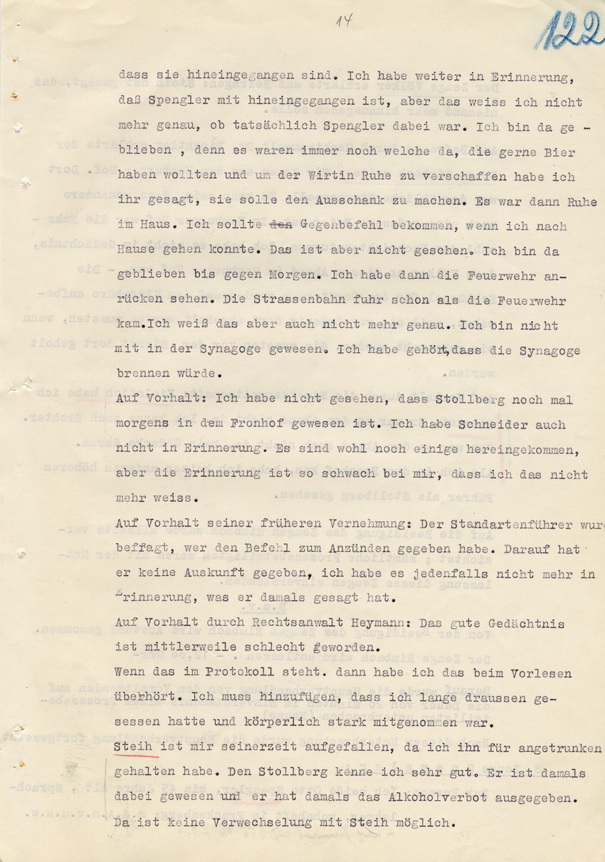 Verfahren gegen Stollberg und Peilstöcker betr. Synagogenbrandstiftung Marburg.
Öffentliche Sitzung der Strafkammer III des LG Marburg, 1. Verhandlungstag vom 8. August 1950 
Teil 6:  Zeugenaussagen