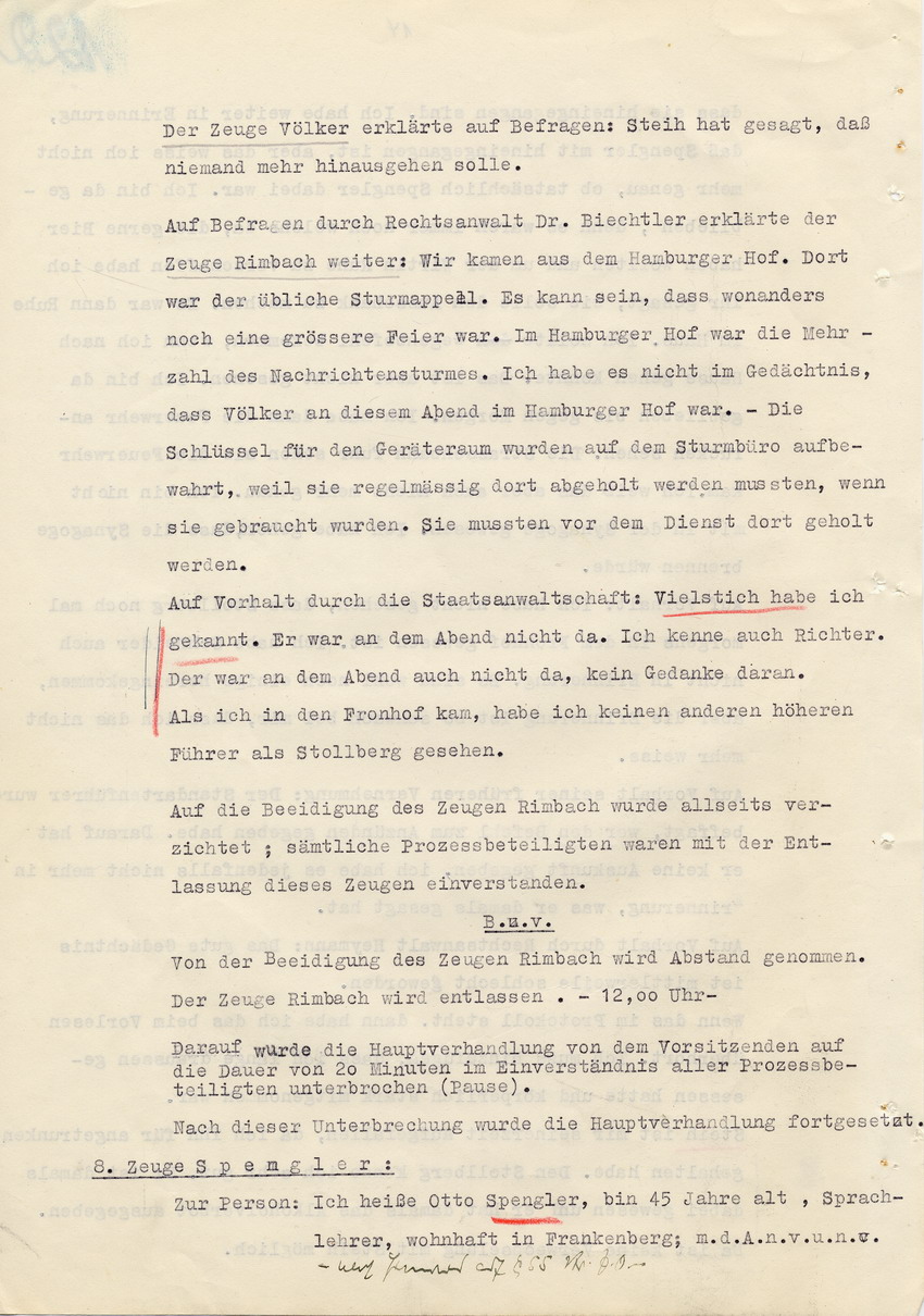 Verfahren gegen Stollberg und Peilstöcker betr. Synagogenbrandstiftung Marburg.
Öffentliche Sitzung der Strafkammer III des LG Marburg, 1. Verhandlungstag vom 8. August 1950 
Teil 6:  Zeugenaussagen