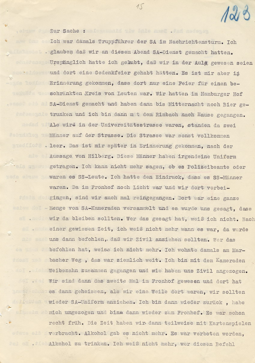 Verfahren gegen Stollberg und Peilstöcker betr. Synagogenbrandstiftung Marburg.
Öffentliche Sitzung der Strafkammer III des LG Marburg, 1. Verhandlungstag vom 8. August 1950 
Teil 6:  Zeugenaussagen