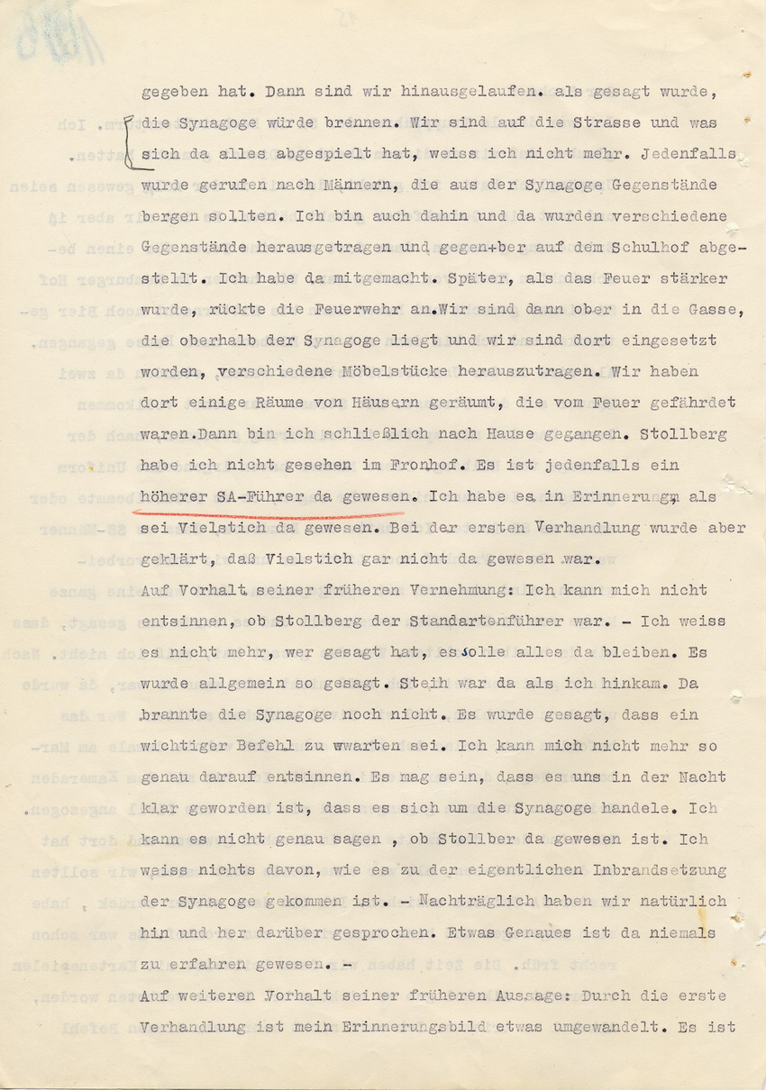 Verfahren gegen Stollberg und Peilstöcker betr. Synagogenbrandstiftung Marburg.
Öffentliche Sitzung der Strafkammer III des LG Marburg, 1. Verhandlungstag vom 8. August 1950 
Teil 6:  Zeugenaussagen