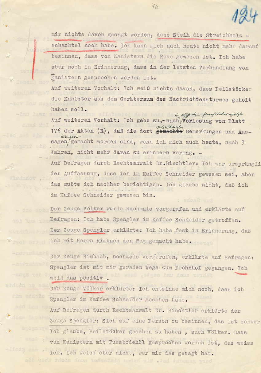 Verfahren gegen Stollberg und Peilstöcker betr. Synagogenbrandstiftung Marburg.
Öffentliche Sitzung der Strafkammer III des LG Marburg, 1. Verhandlungstag vom 8. August 1950 
Teil 6:  Zeugenaussagen