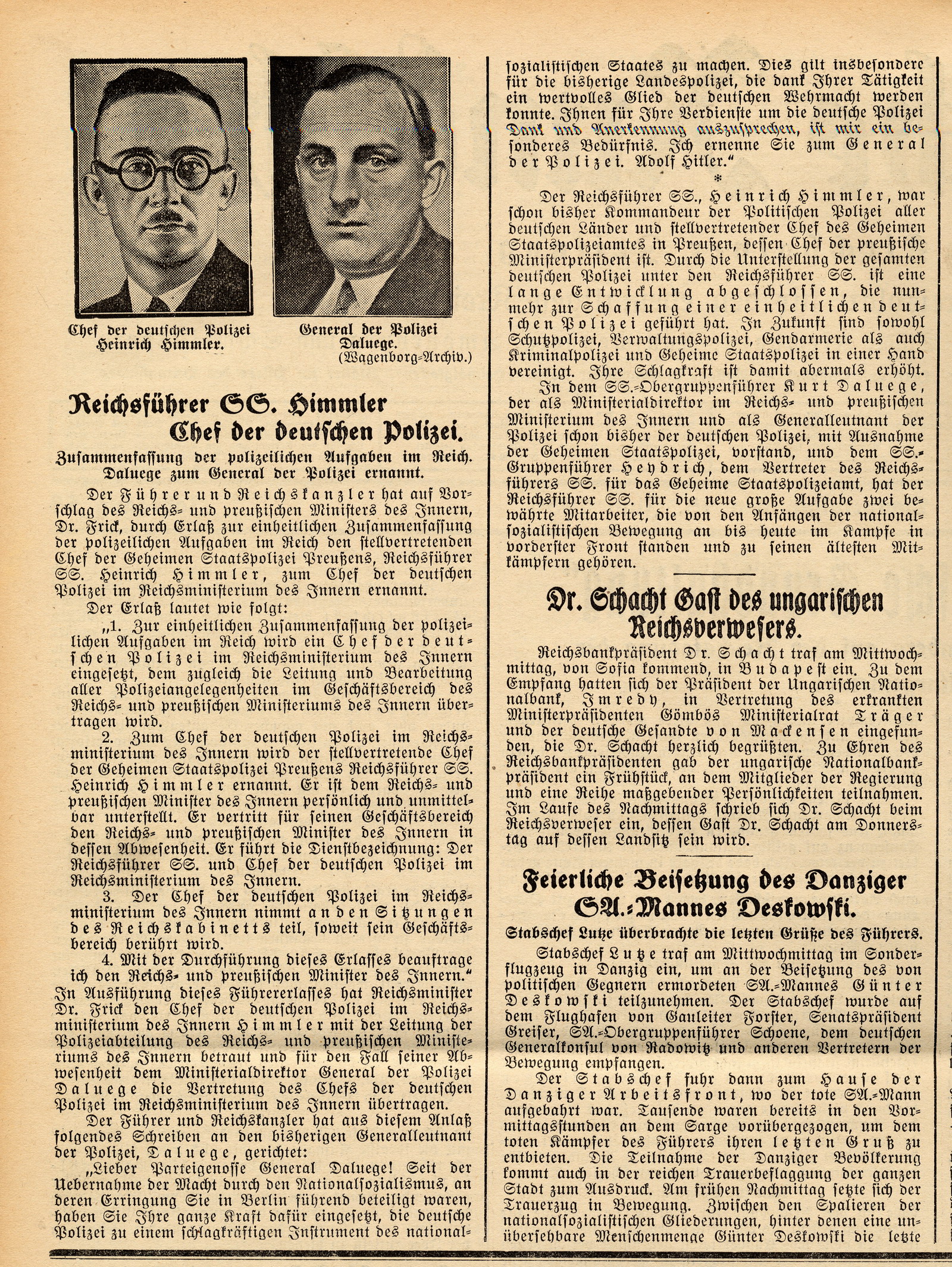 Ausschnitt aus den Hessischen Rundschau zur Ernennung von Heinrich Himmler zum Chef der deutschen Polizei, 16. Juni 1936