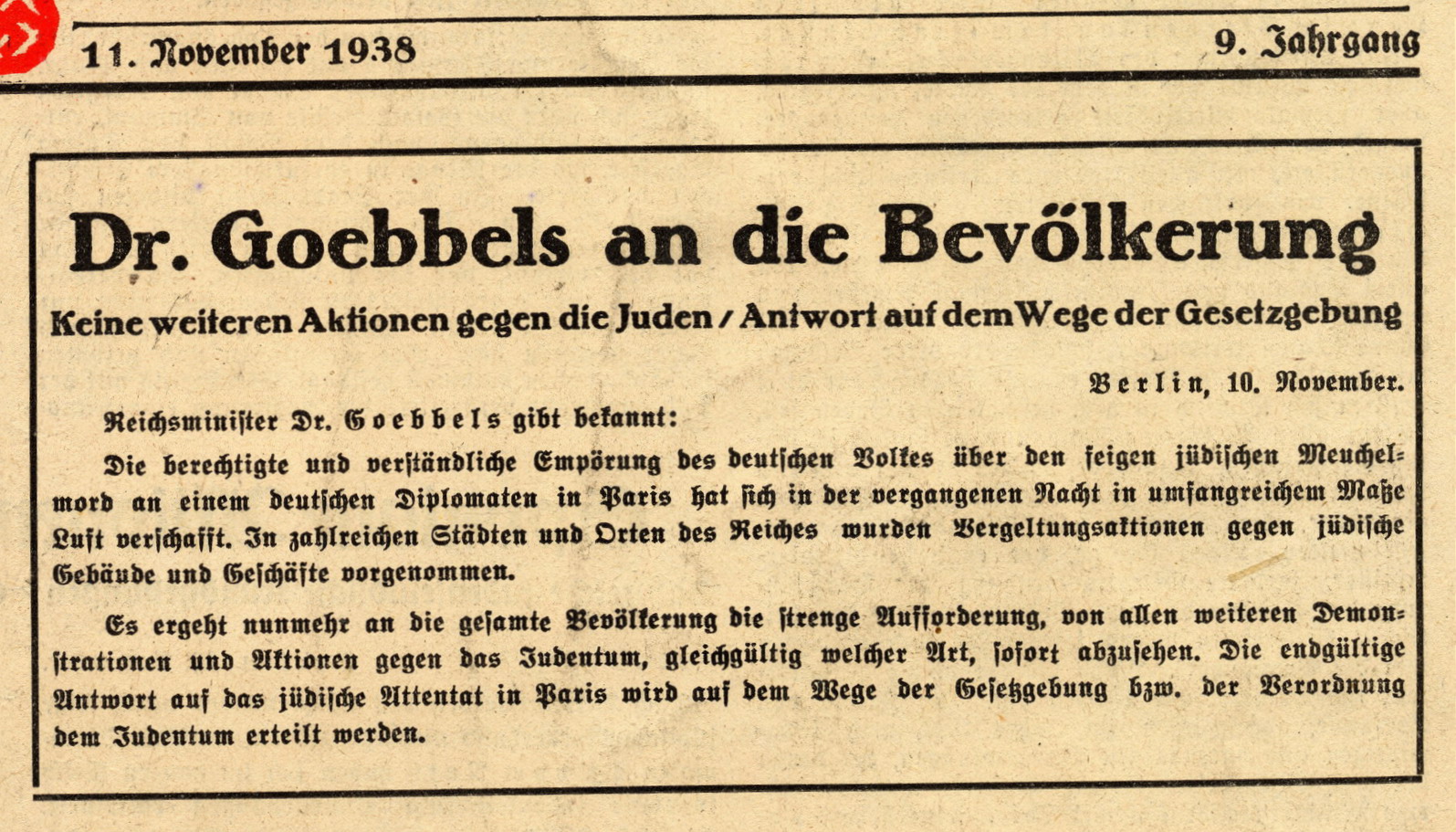 Ausschnitt aus der Kurhessischen Landeszeitung mit dem Aufruf von Joseph Goebbels zur Beendigung der Pogrome, 11. November 1938