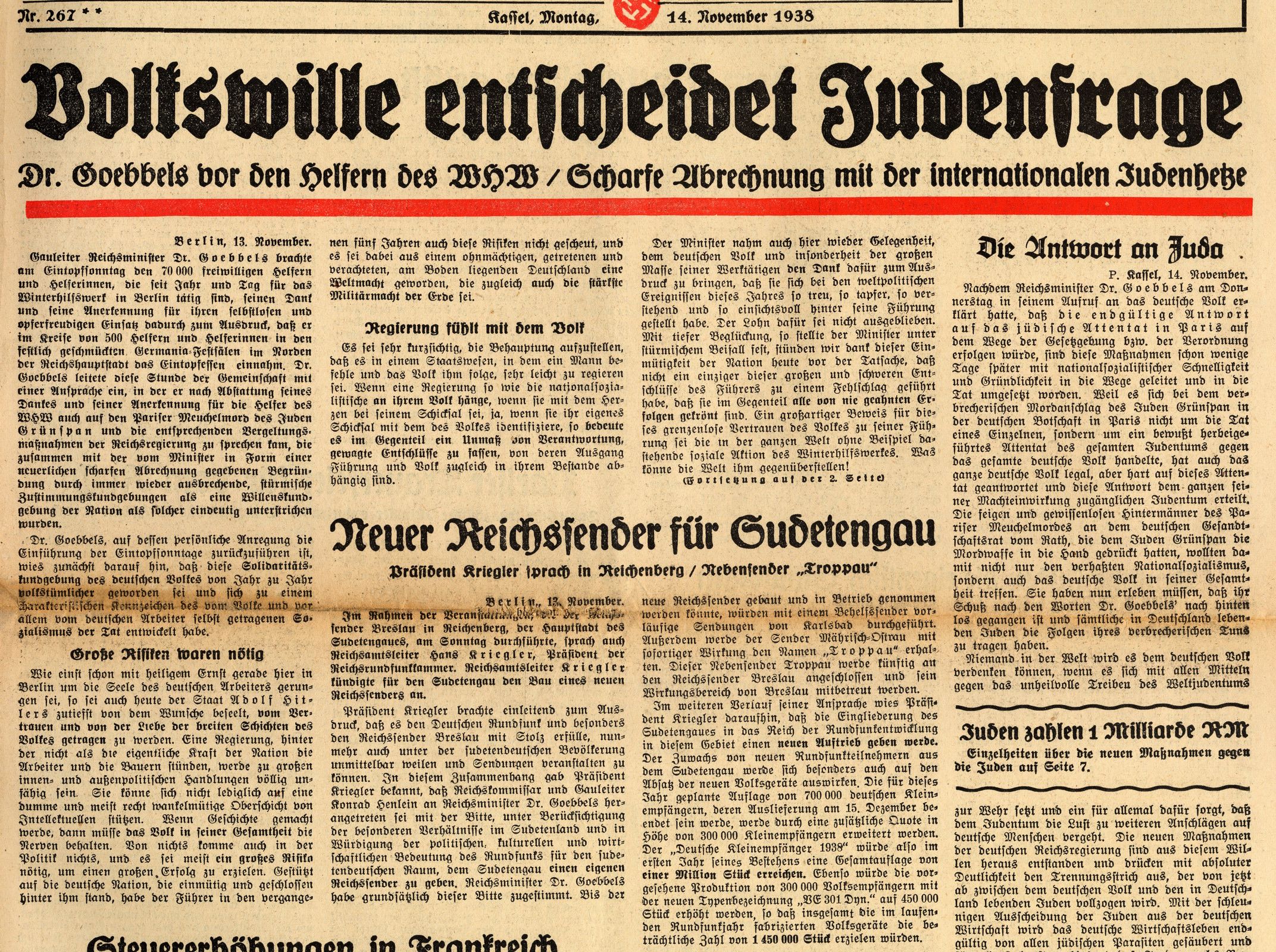 Artikel aus der Kurhessischen Landeszeitung mit der Ankündigung weiterer Maßnahmen gegen die Juden in Deutschland "Volkswille entscheidet Judenfrage",  14. November 1938