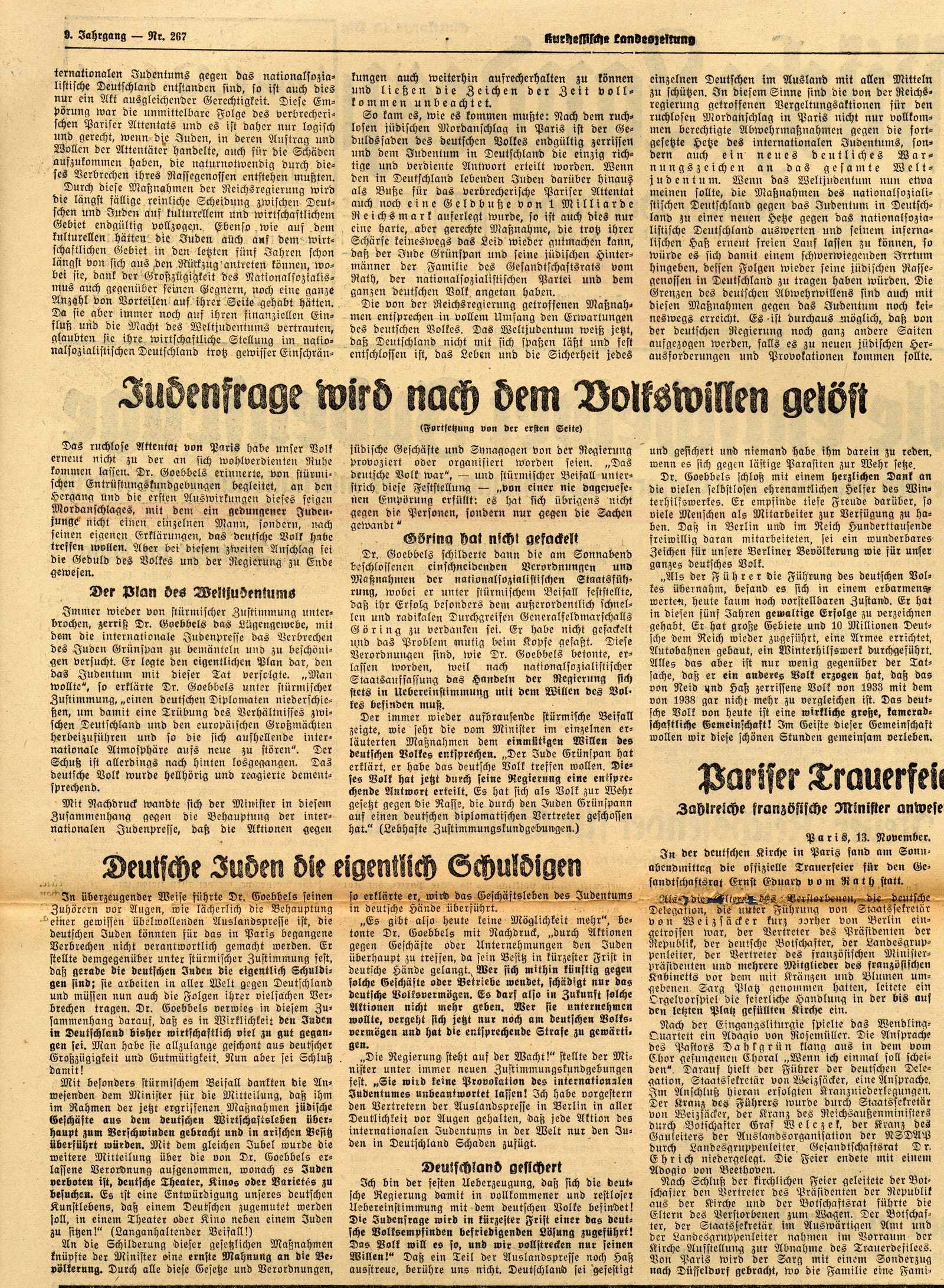 Artikel aus der Kurhessischen Landeszeitung mit der Ankündigung weiterer Maßnahmen gegen die Juden in Deutschland "Volkswille entscheidet Judenfrage",  14. November 1938