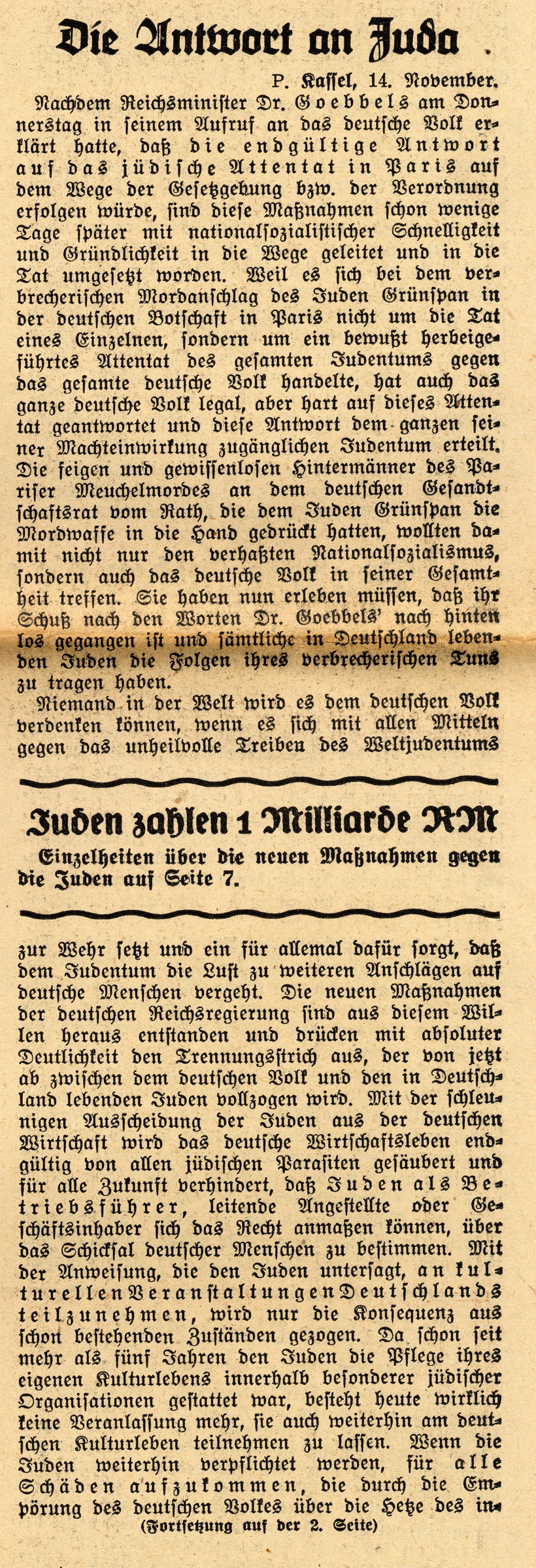 Artikel aus der Kurhessischen Landeszeitung mit der Ankündigung der Einforderung von 1 Milliarde Reichsmark von den deutschen Juden, 14. November 1938
