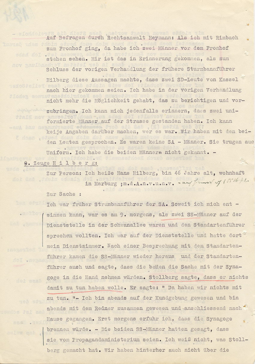 Verfahren gegen Stollberg und Peilstöcker betr. Synagogenbrandstiftung Marburg.
Öffentliche Sitzung der Strafkammer III des LG Marburg, 1. Verhandlungstag vom 8. August 1950 
Teil 7:  Zeugenaussagen