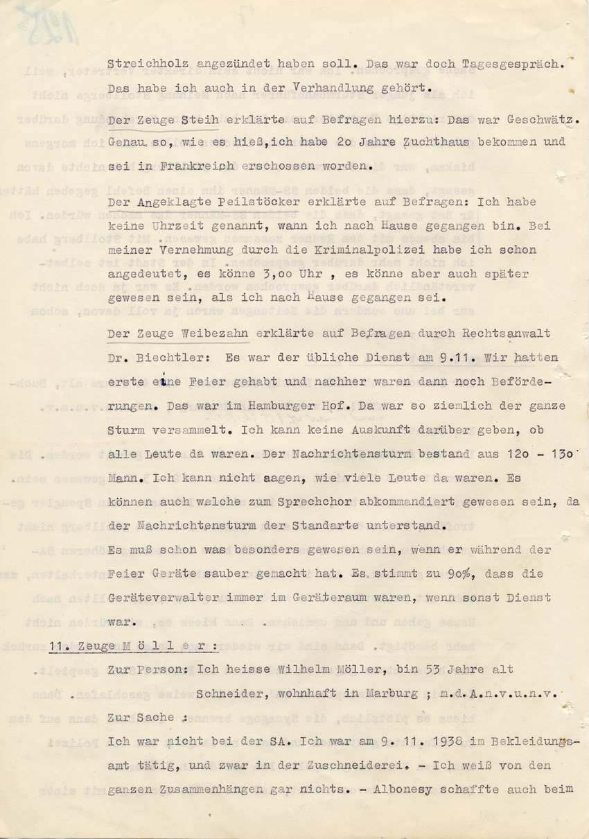 Verfahren gegen Stollberg und Peilstöcker betr. Synagogenbrandstiftung Marburg.
Öffentliche Sitzung der Strafkammer III des LG Marburg, 1. Verhandlungstag vom 8. August 1950 
Teil 7:  Zeugenaussagen