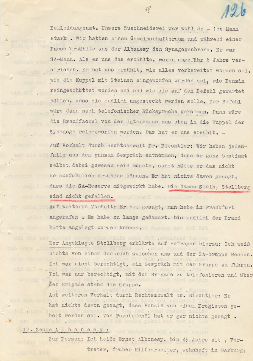 Verfahren gegen Stollberg und Peilstöcker betr. Synagogenbrandstiftung Marburg.
Öffentliche Sitzung der Strafkammer III des LG Marburg, 1. Verhandlungstag vom 8. August 1950 
Teil 7:  Zeugenaussagen