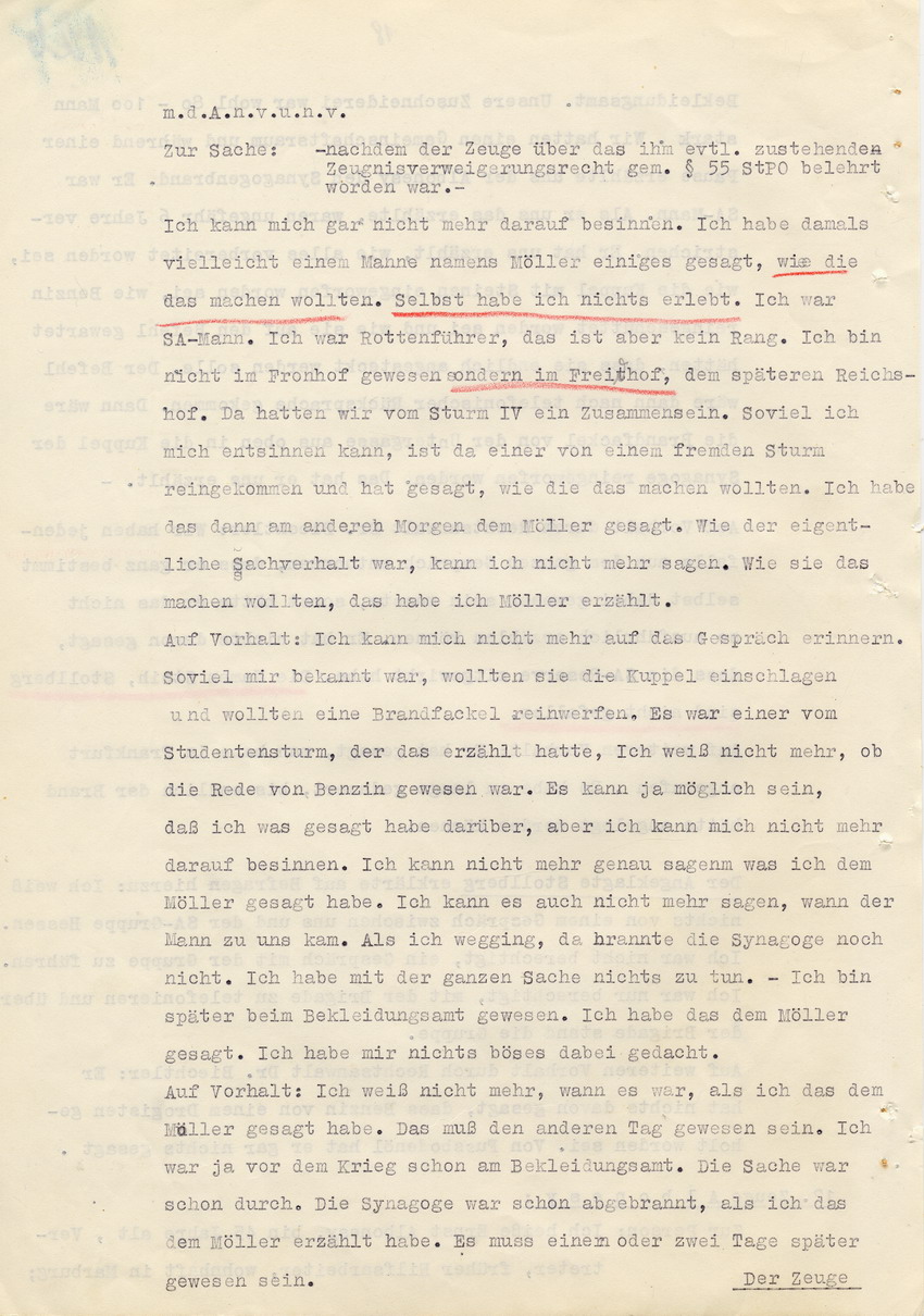 Verfahren gegen Stollberg und Peilstöcker betr. Synagogenbrandstiftung Marburg.
Öffentliche Sitzung der Strafkammer III des LG Marburg, 1. Verhandlungstag vom 8. August 1950 
Teil 7:  Zeugenaussagen