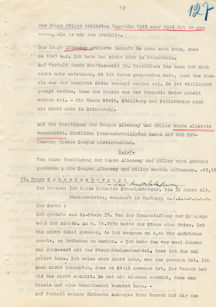 Verfahren gegen Stollberg und Peilstöcker betr. Synagogenbrandstiftung Marburg.
Öffentliche Sitzung der Strafkammer III des LG Marburg, 1. Verhandlungstag vom 8. August 1950 
Teil 7:  Zeugenaussagen