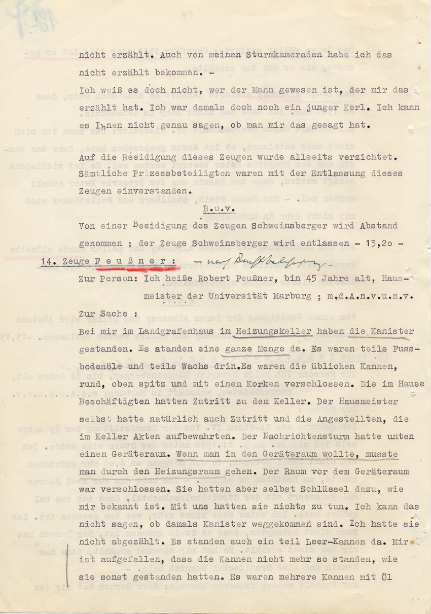 Verfahren gegen Stollberg und Peilstöcker betr. Synagogenbrandstiftung Marburg.
Öffentliche Sitzung der Strafkammer III des LG Marburg, 1. Verhandlungstag vom 8. August 1950 
Teil 7:  Zeugenaussagen