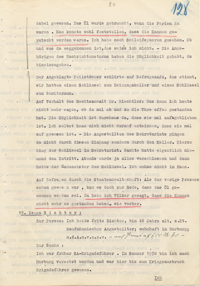 Verfahren gegen Stollberg und Peilstöcker betr. Synagogenbrandstiftung Marburg.
Öffentliche Sitzung der Strafkammer III des LG Marburg, 1. Verhandlungstag vom 8. August 1950 
Teil 8:  Zeugenaussage des früheren SA Brigadeführers Fritz Richter