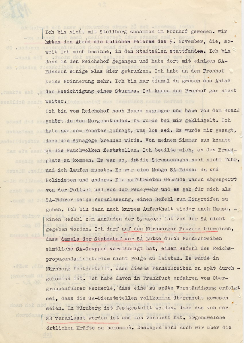 Verfahren gegen Stollberg und Peilstöcker betr. Synagogenbrandstiftung Marburg.
Öffentliche Sitzung der Strafkammer III des LG Marburg, 1. Verhandlungstag vom 8. August 1950 
Teil 8:  Zeugenaussage des früheren SA Brigadeführers Fritz Richter