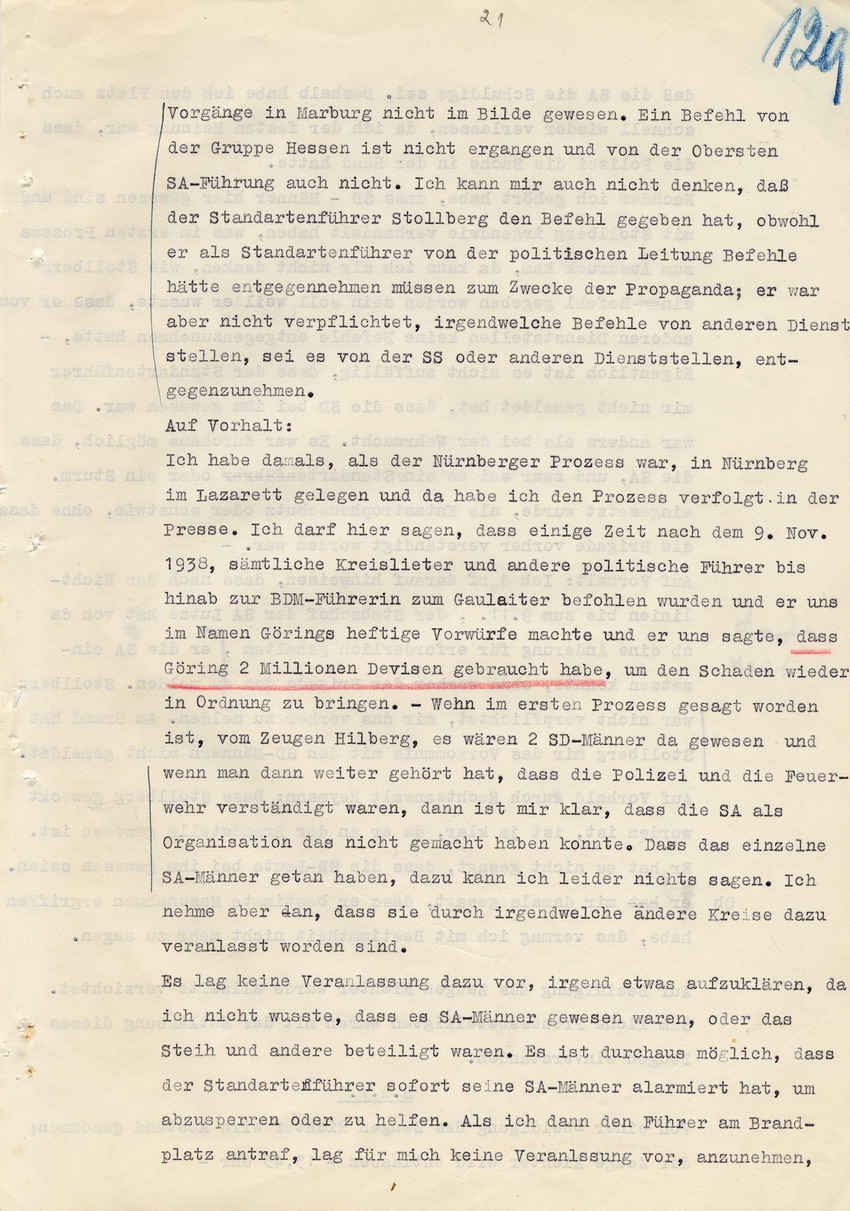 Verfahren gegen Stollberg und Peilstöcker betr. Synagogenbrandstiftung Marburg.
Öffentliche Sitzung der Strafkammer III des LG Marburg, 1. Verhandlungstag vom 8. August 1950 
Teil 8:  Zeugenaussage des früheren SA Brigadeführers Fritz Richter