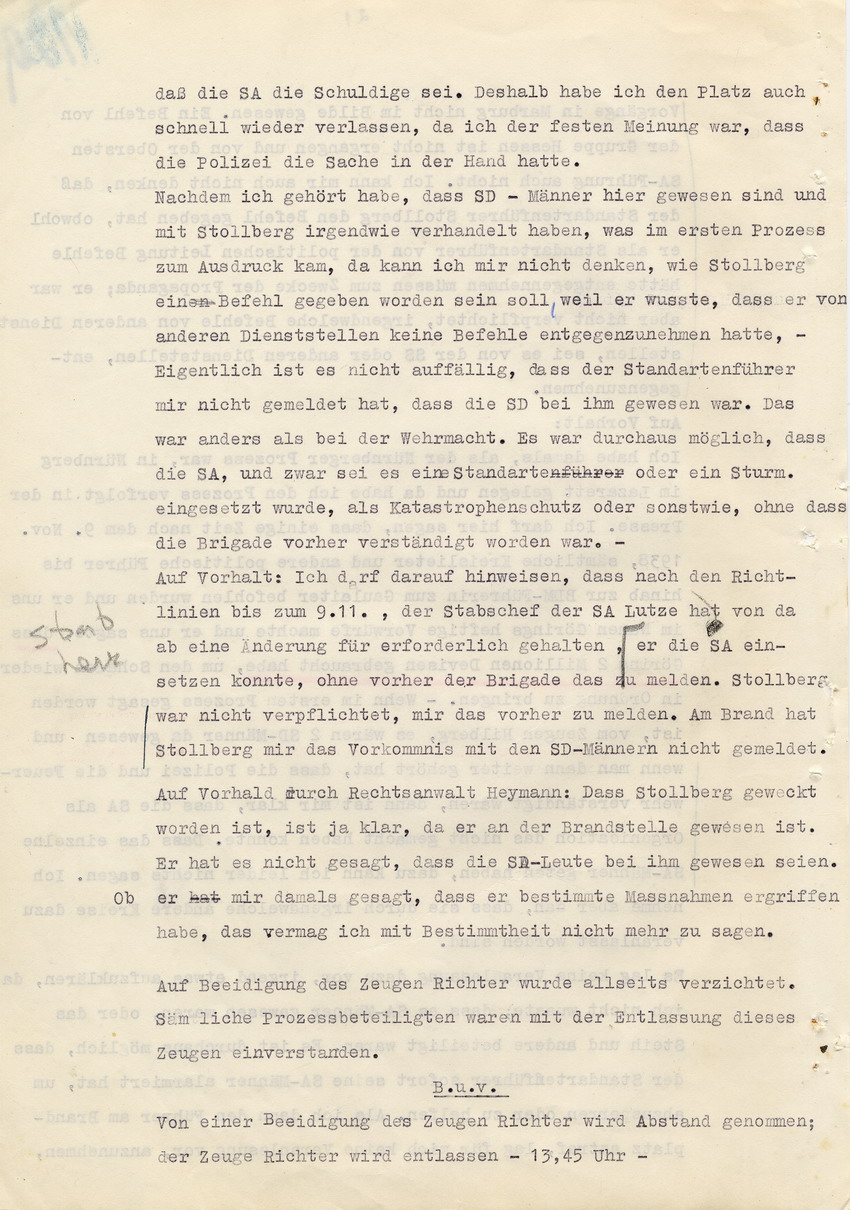 Verfahren gegen Stollberg und Peilstöcker betr. Synagogenbrandstiftung Marburg.
Öffentliche Sitzung der Strafkammer III des LG Marburg, 1. Verhandlungstag vom 8. August 1950 
Teil 8:  Zeugenaussage des früheren SA Brigadeführers Fritz Richter