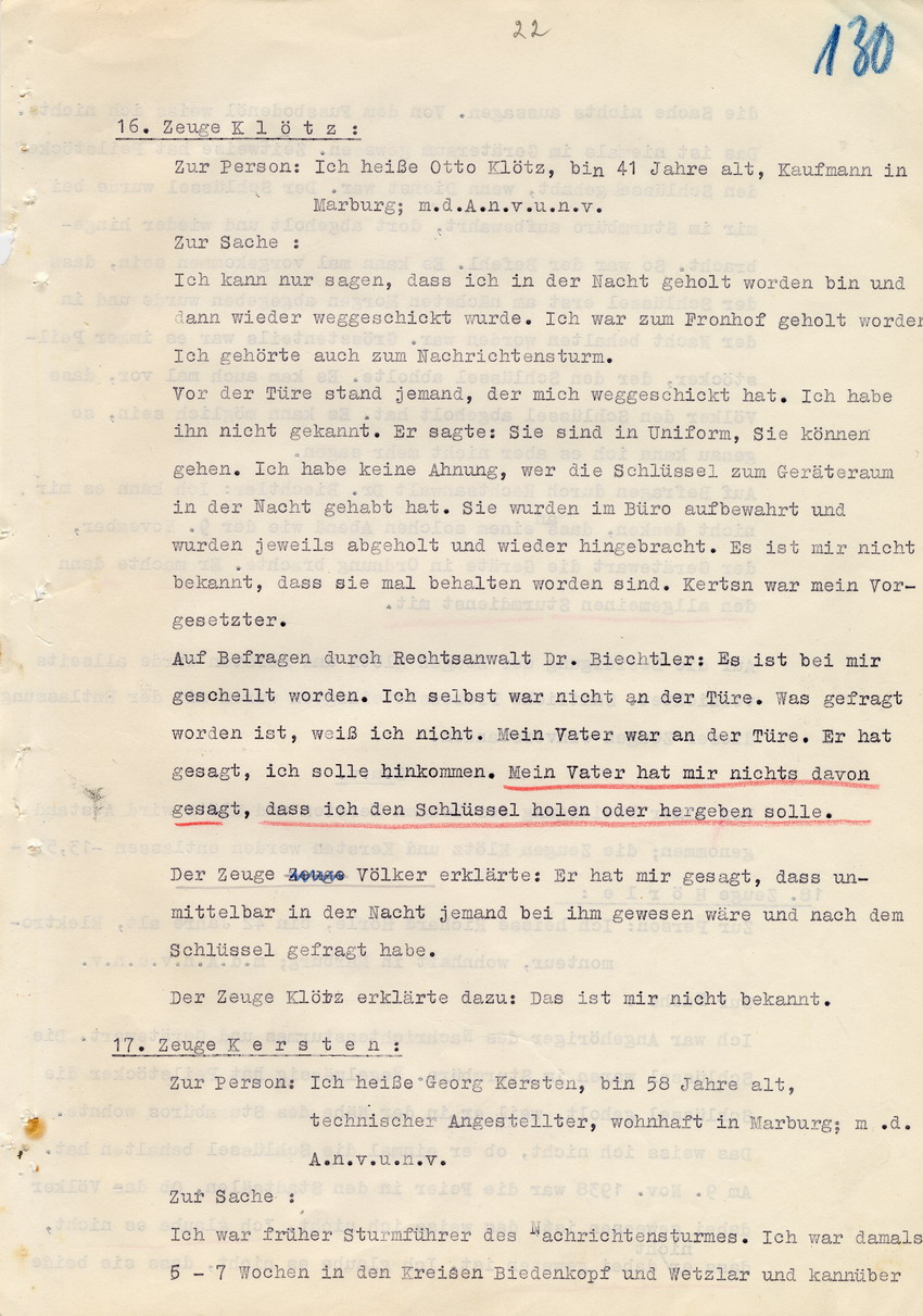 Verfahren gegen Stollberg und Peilstöcker betr. Synagogenbrandstiftung Marburg.
Öffentliche Sitzung der Strafkammer III des LG Marburg, 1. Verhandlungstag vom 8. August 1950 
Teil 9:  Zeugenaussagen