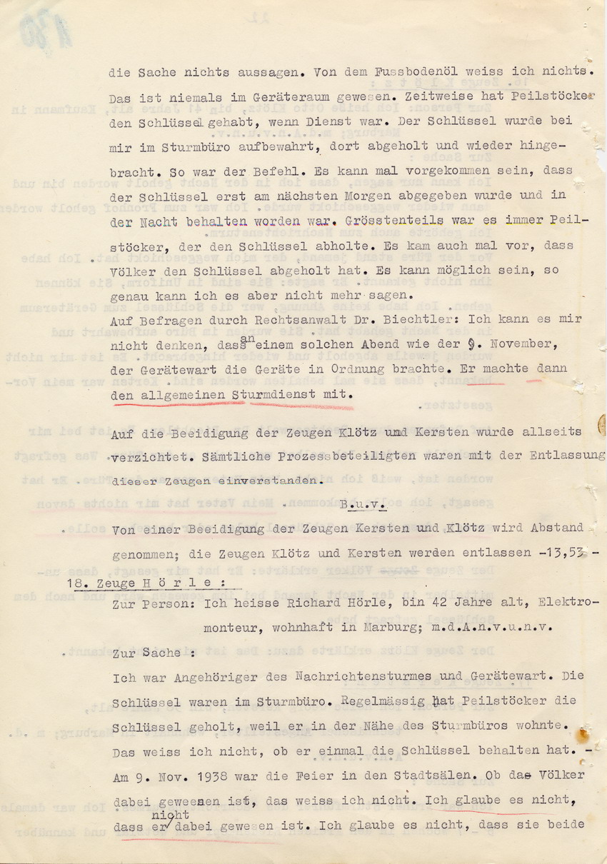 Verfahren gegen Stollberg und Peilstöcker betr. Synagogenbrandstiftung Marburg.
Öffentliche Sitzung der Strafkammer III des LG Marburg, 1. Verhandlungstag vom 8. August 1950 
Teil 9:  Zeugenaussagen