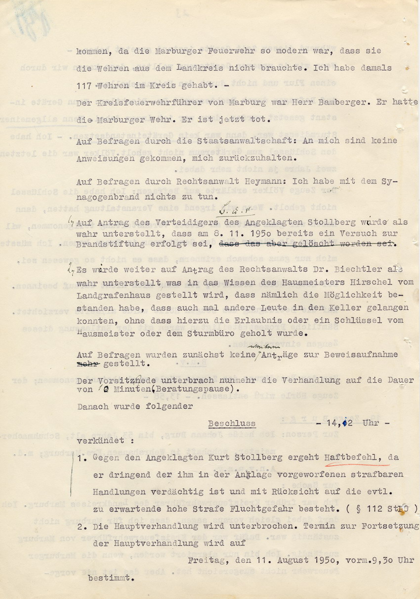 Verfahren gegen Stollberg und Peilstöcker betr. Synagogenbrandstiftung Marburg.
Öffentliche Sitzung der Strafkammer III des LG Marburg, 1. Verhandlungstag vom 8. August 1950 
Teil 9:  Zeugenaussagen