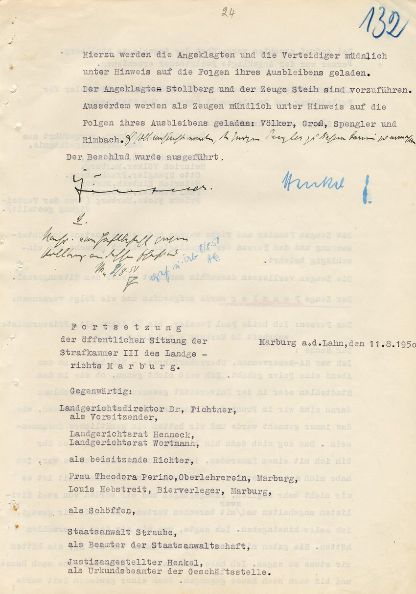 Verfahren gegen Stollberg und Peilstöcker betr. Synagogenbrandstiftung Marburg.
Öffentliche Sitzung der Strafkammer III des LG Marburg, 2. Verhandlungstag vom 11. August 1950 
Teil 1:  Zeugenaussagen