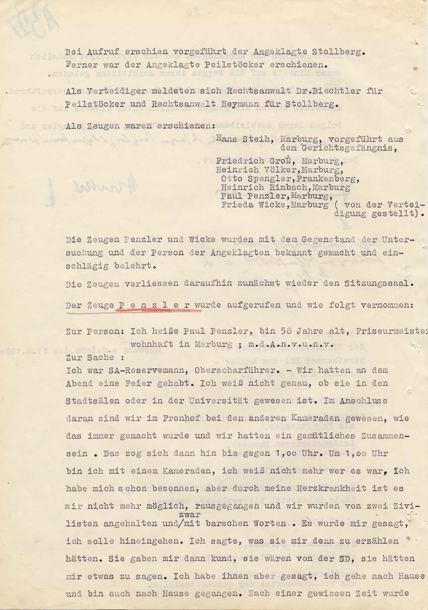 Verfahren gegen Stollberg und Peilstöcker betr. Synagogenbrandstiftung Marburg.
Öffentliche Sitzung der Strafkammer III des LG Marburg, 2. Verhandlungstag vom 11. August 1950 
Teil 1:  Zeugenaussagen