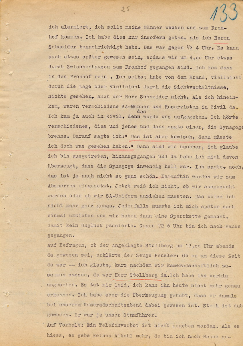 Verfahren gegen Stollberg und Peilstöcker betr. Synagogenbrandstiftung Marburg.
Öffentliche Sitzung der Strafkammer III des LG Marburg, 2. Verhandlungstag vom 11. August 1950 
Teil 1:  Zeugenaussagen