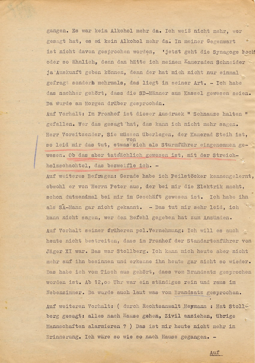 Verfahren gegen Stollberg und Peilstöcker betr. Synagogenbrandstiftung Marburg.
Öffentliche Sitzung der Strafkammer III des LG Marburg, 2. Verhandlungstag vom 11. August 1950 
Teil 1:  Zeugenaussagen