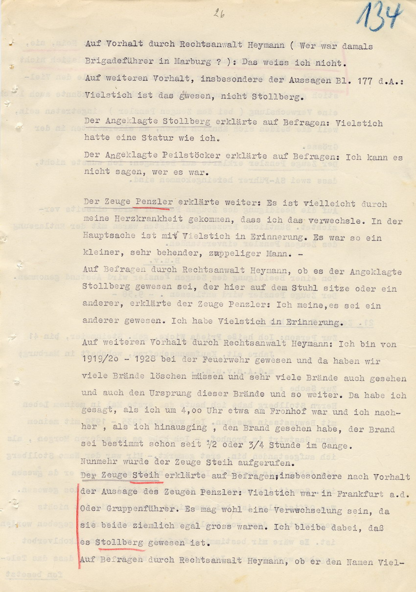 Verfahren gegen Stollberg und Peilstöcker betr. Synagogenbrandstiftung Marburg.
Öffentliche Sitzung der Strafkammer III des LG Marburg, 2. Verhandlungstag vom 11. August 1950 
Teil 1:  Zeugenaussagen