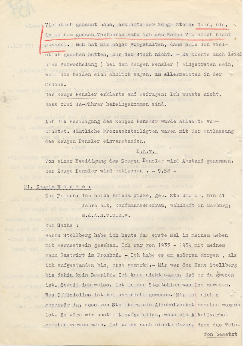 Verfahren gegen Stollberg und Peilstöcker betr. Synagogenbrandstiftung Marburg.
Öffentliche Sitzung der Strafkammer III des LG Marburg, 2. Verhandlungstag vom 11. August 1950 
Teil 1:  Zeugenaussagen