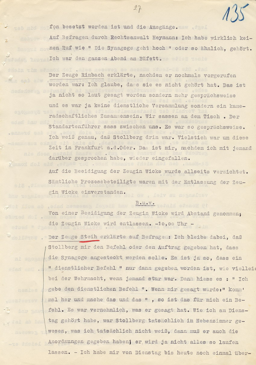 Verfahren gegen Stollberg und Peilstöcker betr. Synagogenbrandstiftung Marburg.
Öffentliche Sitzung der Strafkammer III des LG Marburg, 2. Verhandlungstag vom 11. August 1950 
Teil 2:  Abschluß der Beweisaufnahme