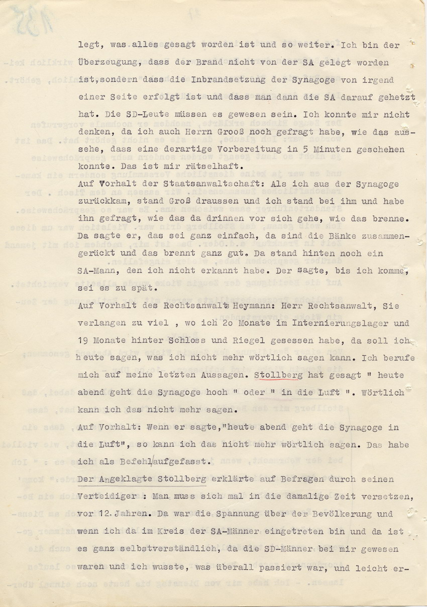 Verfahren gegen Stollberg und Peilstöcker betr. Synagogenbrandstiftung Marburg.
Öffentliche Sitzung der Strafkammer III des LG Marburg, 2. Verhandlungstag vom 11. August 1950 
Teil 2:  Abschluß der Beweisaufnahme