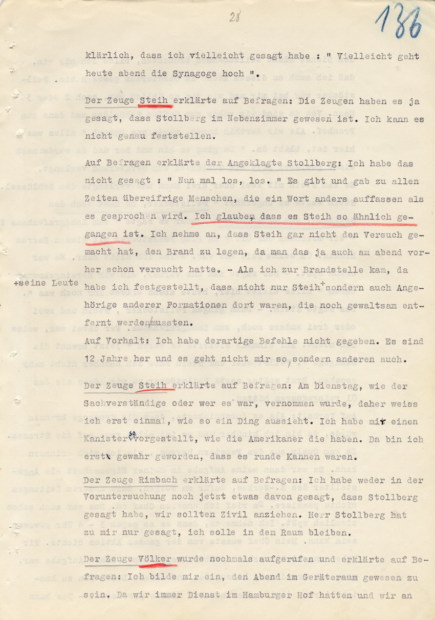 Verfahren gegen Stollberg und Peilstöcker betr. Synagogenbrandstiftung Marburg.
Öffentliche Sitzung der Strafkammer III des LG Marburg, 2. Verhandlungstag vom 11. August 1950 
Teil 2:  Abschluß der Beweisaufnahme