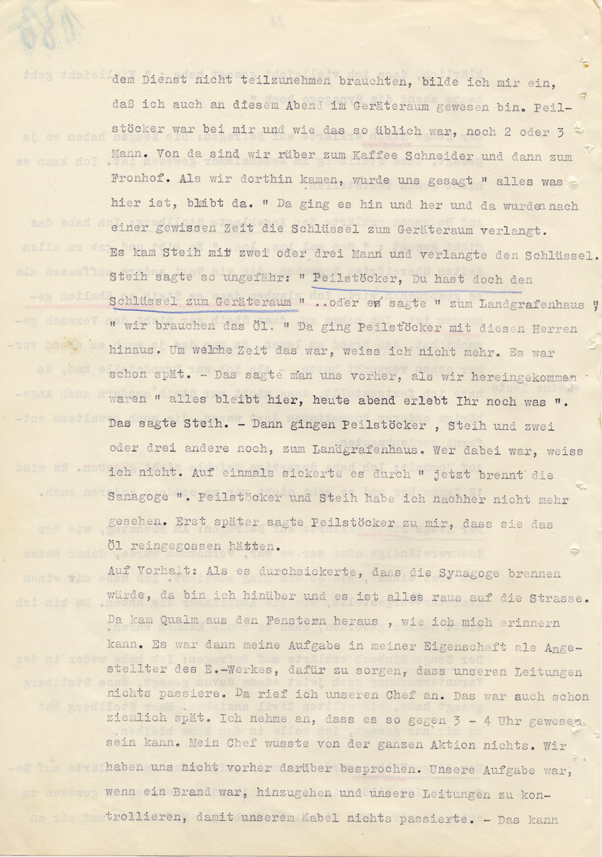 Verfahren gegen Stollberg und Peilstöcker betr. Synagogenbrandstiftung Marburg.
Öffentliche Sitzung der Strafkammer III des LG Marburg, 2. Verhandlungstag vom 11. August 1950 
Teil 2:  Abschluß der Beweisaufnahme