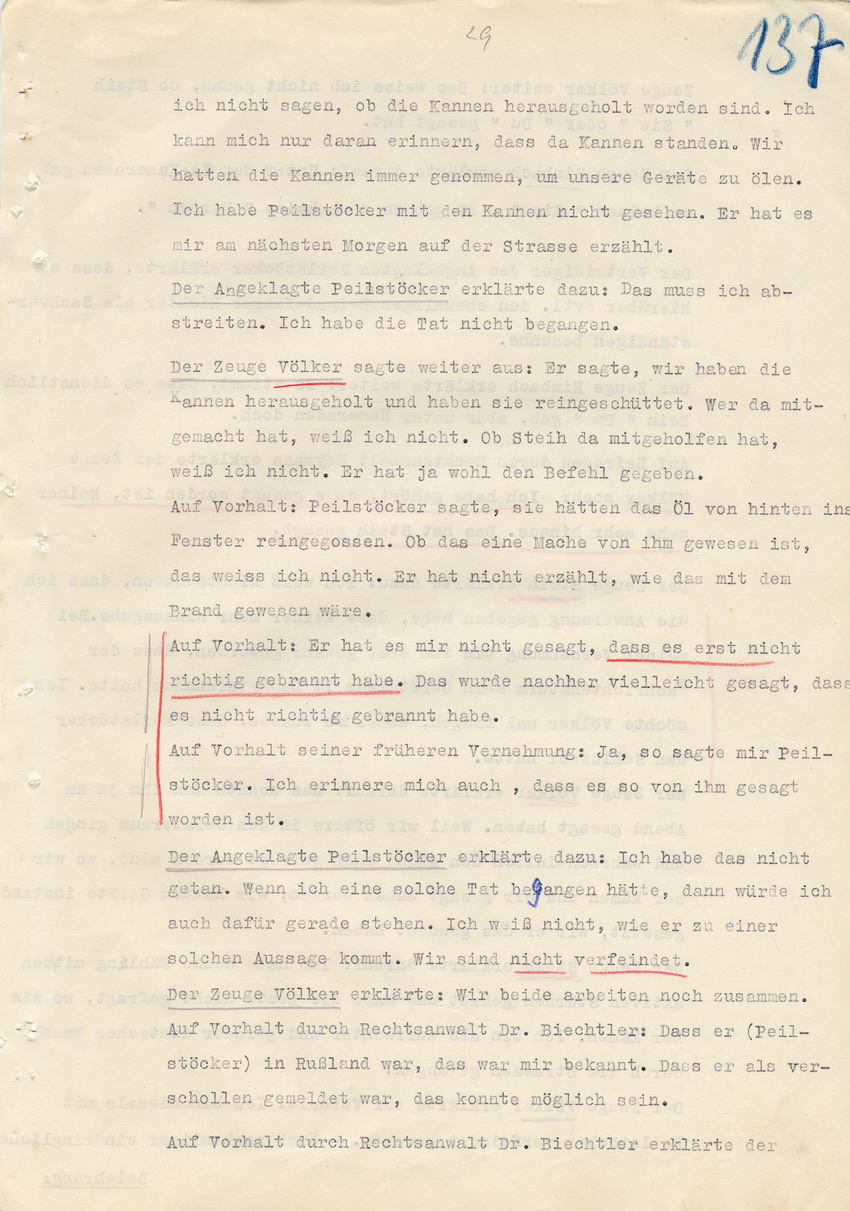 Verfahren gegen Stollberg und Peilstöcker betr. Synagogenbrandstiftung Marburg.
Öffentliche Sitzung der Strafkammer III des LG Marburg, 2. Verhandlungstag vom 11. August 1950 
Teil 2:  Abschluß der Beweisaufnahme