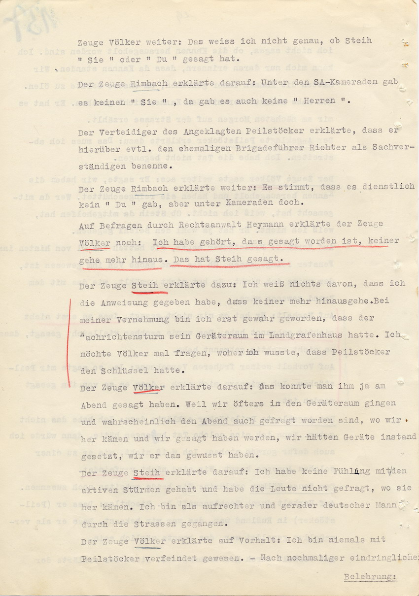 Verfahren gegen Stollberg und Peilstöcker betr. Synagogenbrandstiftung Marburg.
Öffentliche Sitzung der Strafkammer III des LG Marburg, 2. Verhandlungstag vom 11. August 1950 
Teil 2:  Abschluß der Beweisaufnahme