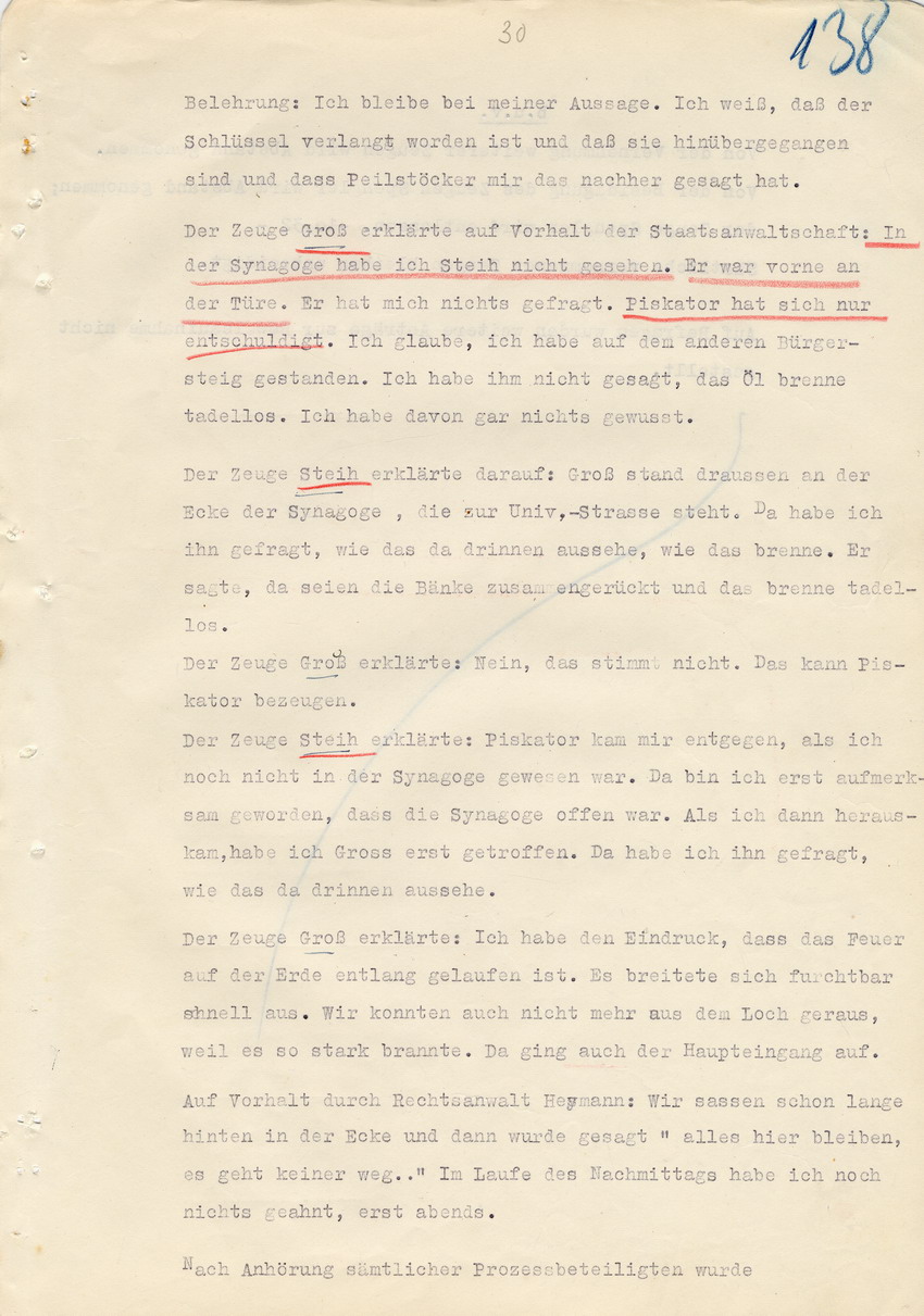 Verfahren gegen Stollberg und Peilstöcker betr. Synagogenbrandstiftung Marburg.
Öffentliche Sitzung der Strafkammer III des LG Marburg, 2. Verhandlungstag vom 11. August 1950 
Teil 2:  Abschluß der Beweisaufnahme