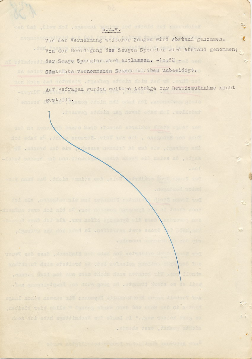 Verfahren gegen Stollberg und Peilstöcker betr. Synagogenbrandstiftung Marburg.
Öffentliche Sitzung der Strafkammer III des LG Marburg, 2. Verhandlungstag vom 11. August 1950 
Teil 2:  Abschluß der Beweisaufnahme