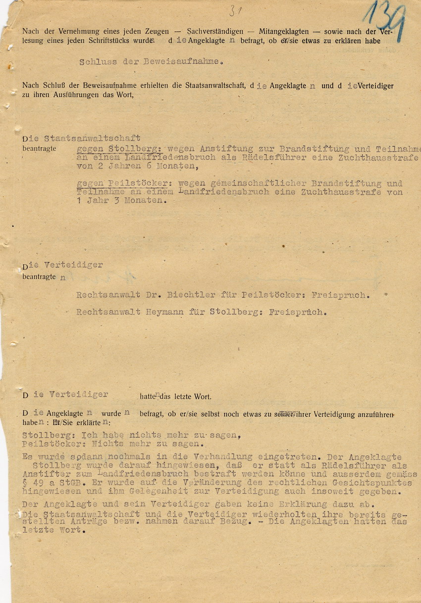 Verfahren gegen Stollberg und Peilstöcker betr. Synagogenbrandstiftung Marburg.
Öffentliche Sitzung der Strafkammer III des LG Marburg, 2. Verhandlungstag vom 11. August 1950 
Teil 3:  Anträge und Urteilsverkündung