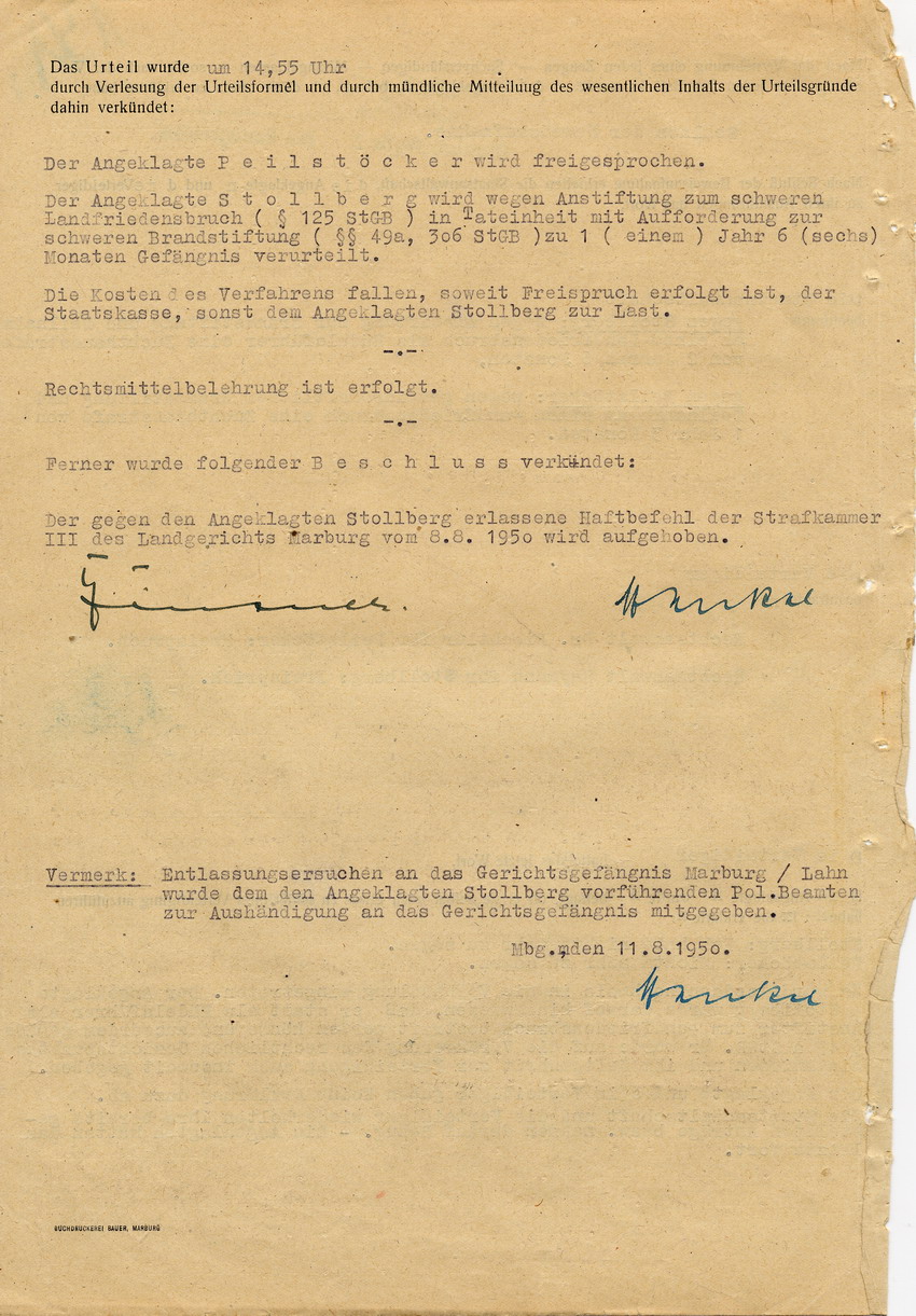 Verfahren gegen Stollberg und Peilstöcker betr. Synagogenbrandstiftung Marburg.
Öffentliche Sitzung der Strafkammer III des LG Marburg, 2. Verhandlungstag vom 11. August 1950 
Teil 3:  Anträge und Urteilsverkündung