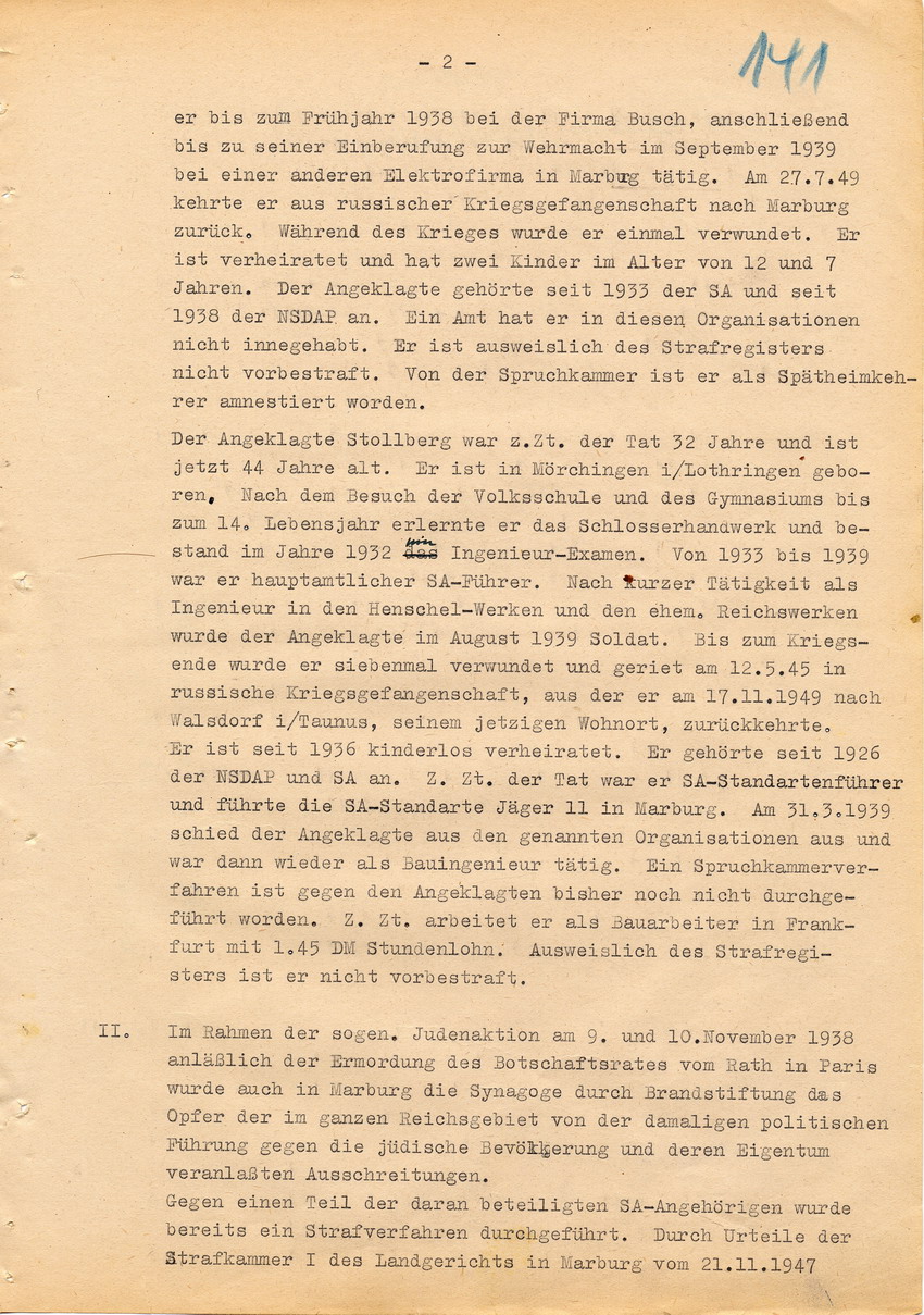 Verfahren betr. Synagogenbrandstiftung Marburg.
Urteil der Strafkammer III des LG Marburg vom 11. August 1950 gegen Stollberg und Peilstöcker  
Teil 1
