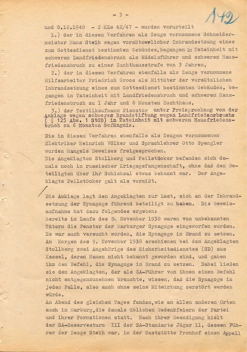 Verfahren betr. Synagogenbrandstiftung Marburg.
Urteil der Strafkammer III des LG Marburg vom 11. August 1950 gegen Stollberg und Peilstöcker  
Teil 1