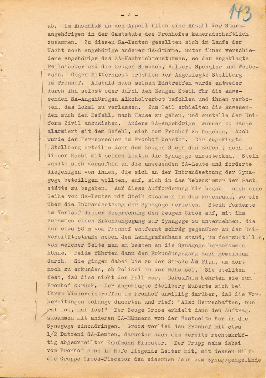 Verfahren betr. Synagogenbrandstiftung Marburg.
Urteil der Strafkammer III des LG Marburg vom 11. August 1950 gegen Stollberg und Peilstöcker  
Teil 1