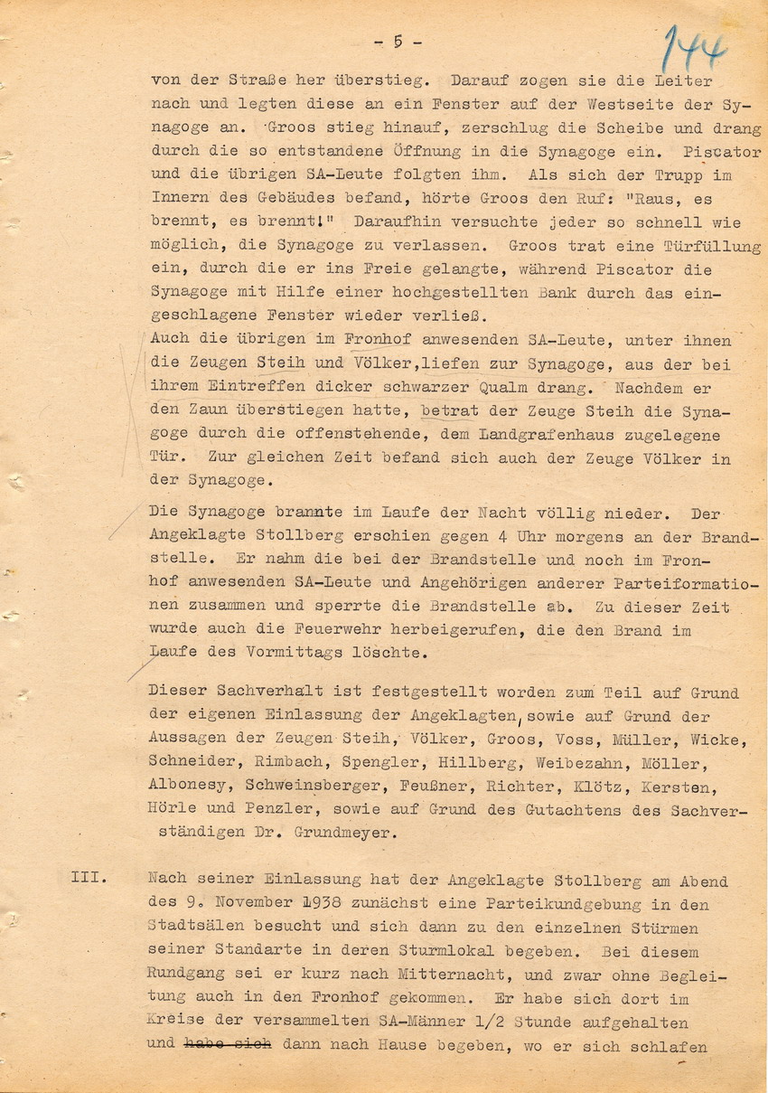 Verfahren betr. Synagogenbrandstiftung Marburg.
Urteil der Strafkammer III des LG Marburg vom 11. August 1950 gegen Stollberg und Peilstöcker  
Teil 1