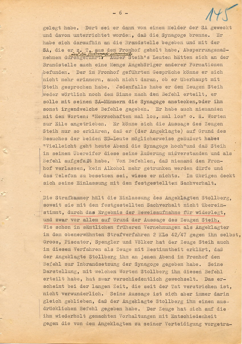 Verfahren betr. Synagogenbrandstiftung Marburg.
Urteil der Strafkammer III des LG Marburg vom 11. August 1950 gegen Stollberg und Peilstöcker  
Teil 2