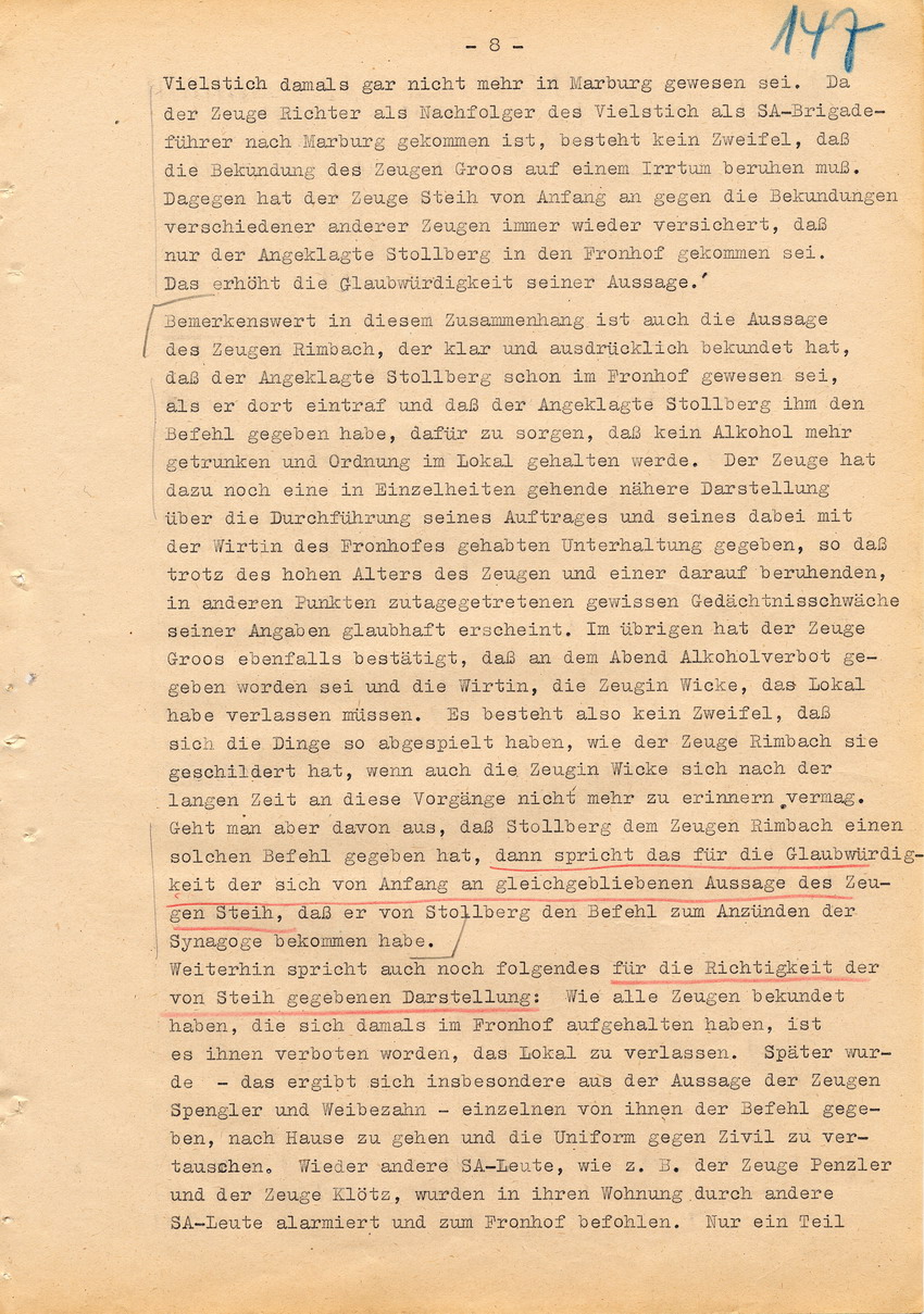 Verfahren betr. Synagogenbrandstiftung Marburg.
Urteil der Strafkammer III des LG Marburg vom 11. August 1950 gegen Stollberg und Peilstöcker  
Teil 2