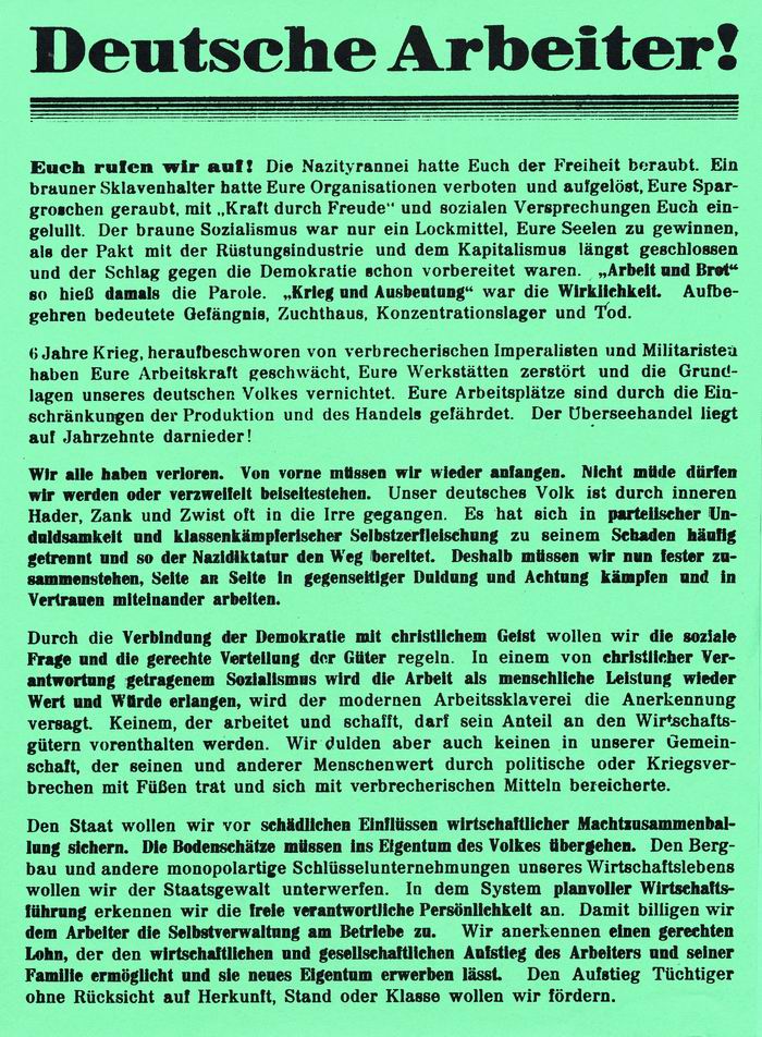 Bild zum Dokument Flugblatt der CDU an den "Deutschen Arbeiter"