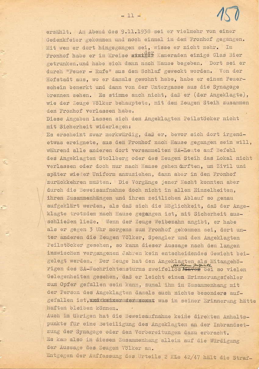 Verfahren betr. Synagogenbrandstiftung Marburg.
Urteil der Strafkammer III des LG Marburg vom 11. August 1950 gegen Stollberg und Peilstöcker  
Teil 3