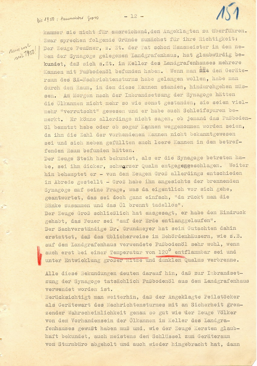 Verfahren betr. Synagogenbrandstiftung Marburg.
Urteil der Strafkammer III des LG Marburg vom 11. August 1950 gegen Stollberg und Peilstöcker  
Teil 3